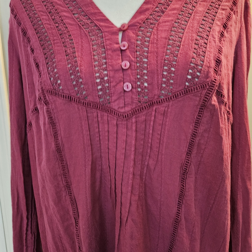 Free People Deep Pink V-Neck Eyelet Blouse Women's Size Small S - Picture 6 of 16